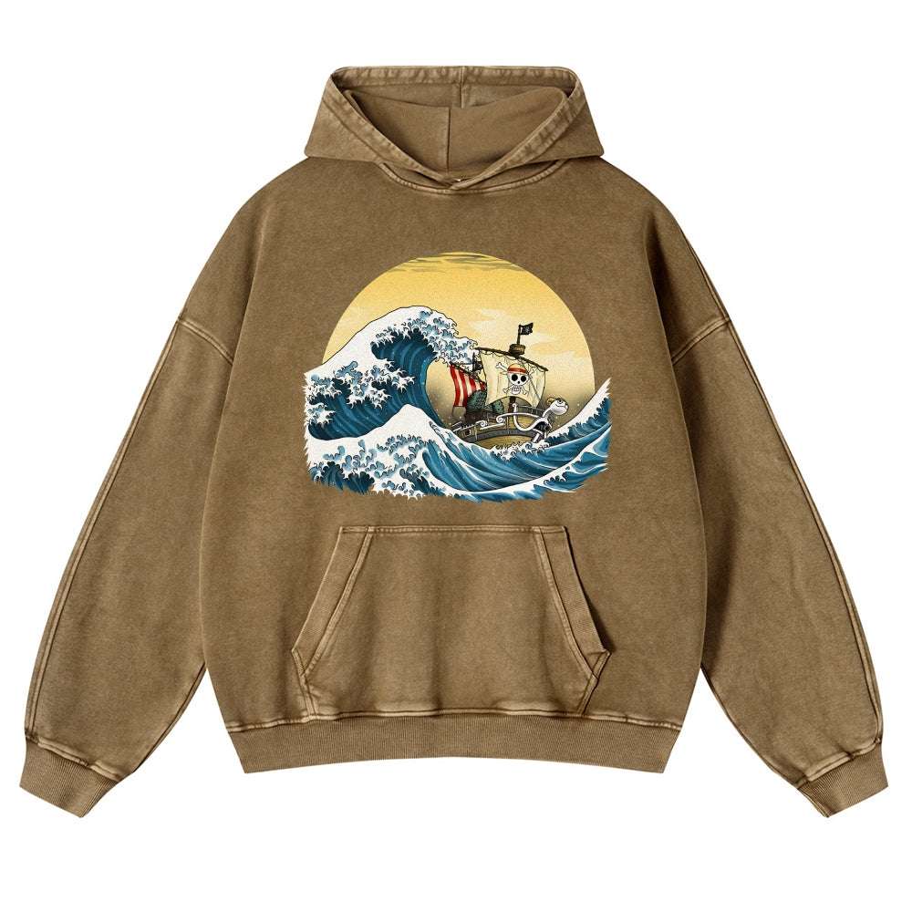Straw Hat Pirate Ship Ukiyoe Vintage Washed Hoodie