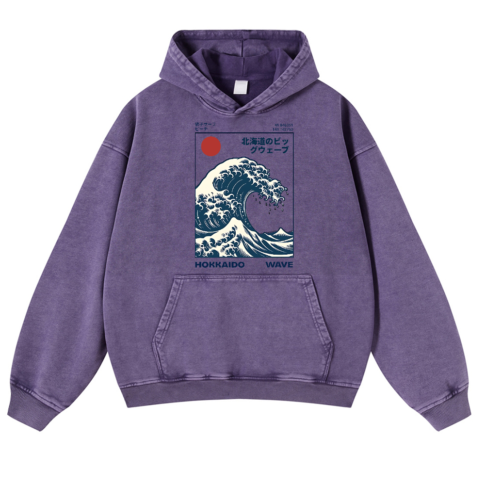Hokkaido The Great Wave off Kanagawa Ukiyoe Vintage Washed Thick Cotton Hoodie