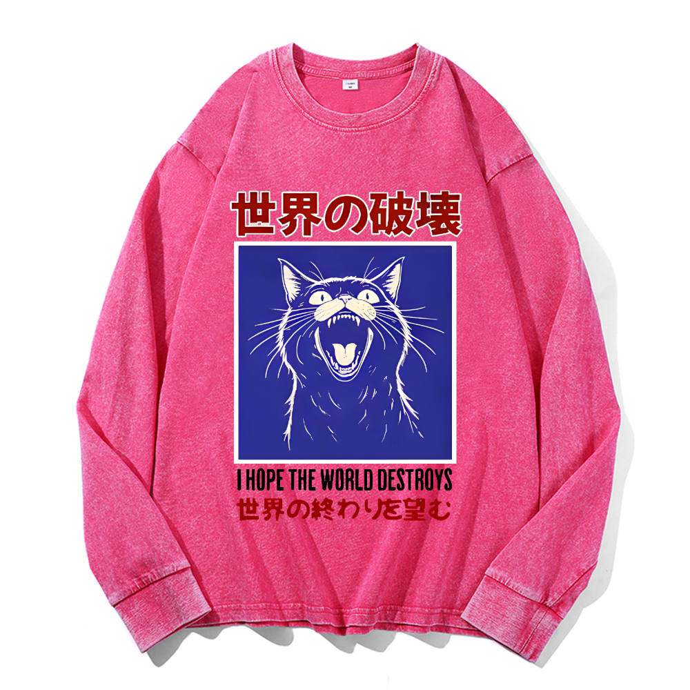 Cat Vintage Cotton Wash Crewneck Long-Sleeve T-Shirt