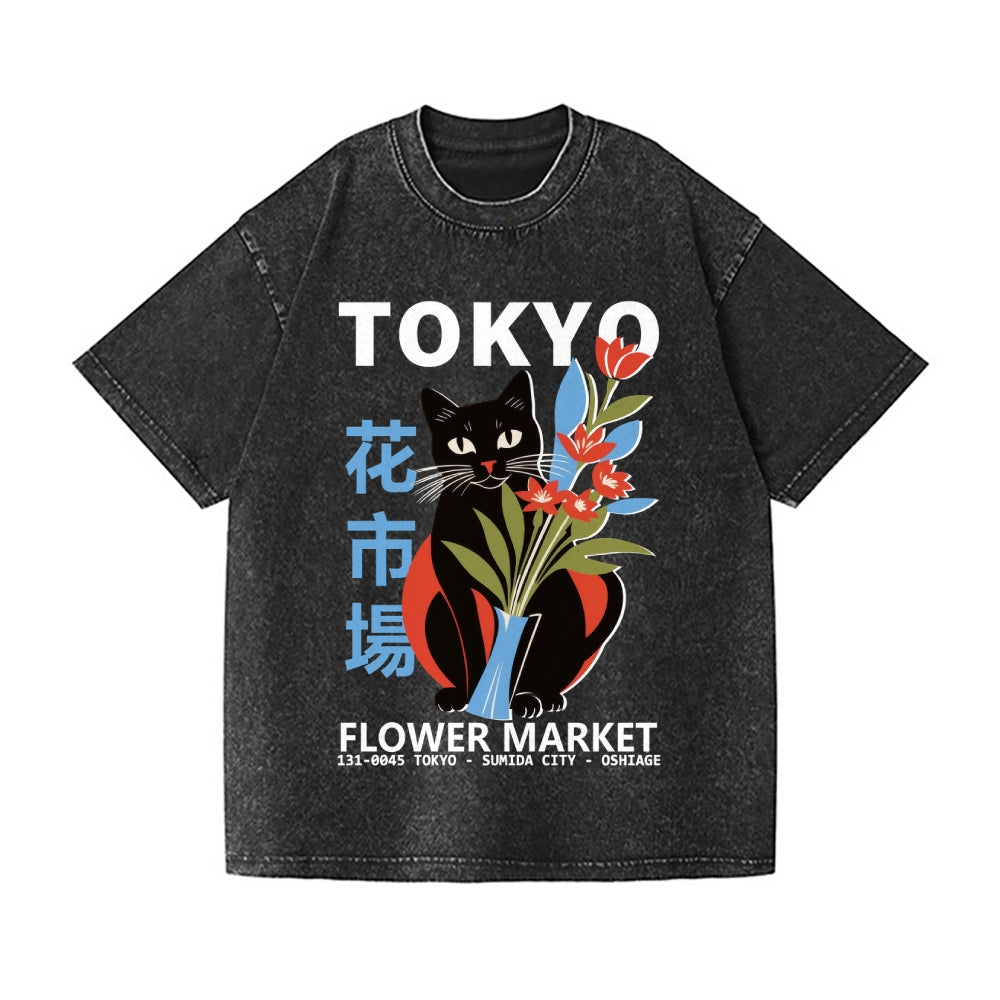 Tokyo Flower Market Cat Vintage Wash Japanese Design T-Shirt