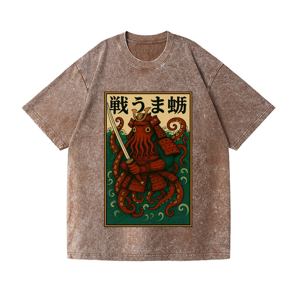 Samurai Octopus Vintage Wash Japanese Design T-Shirt