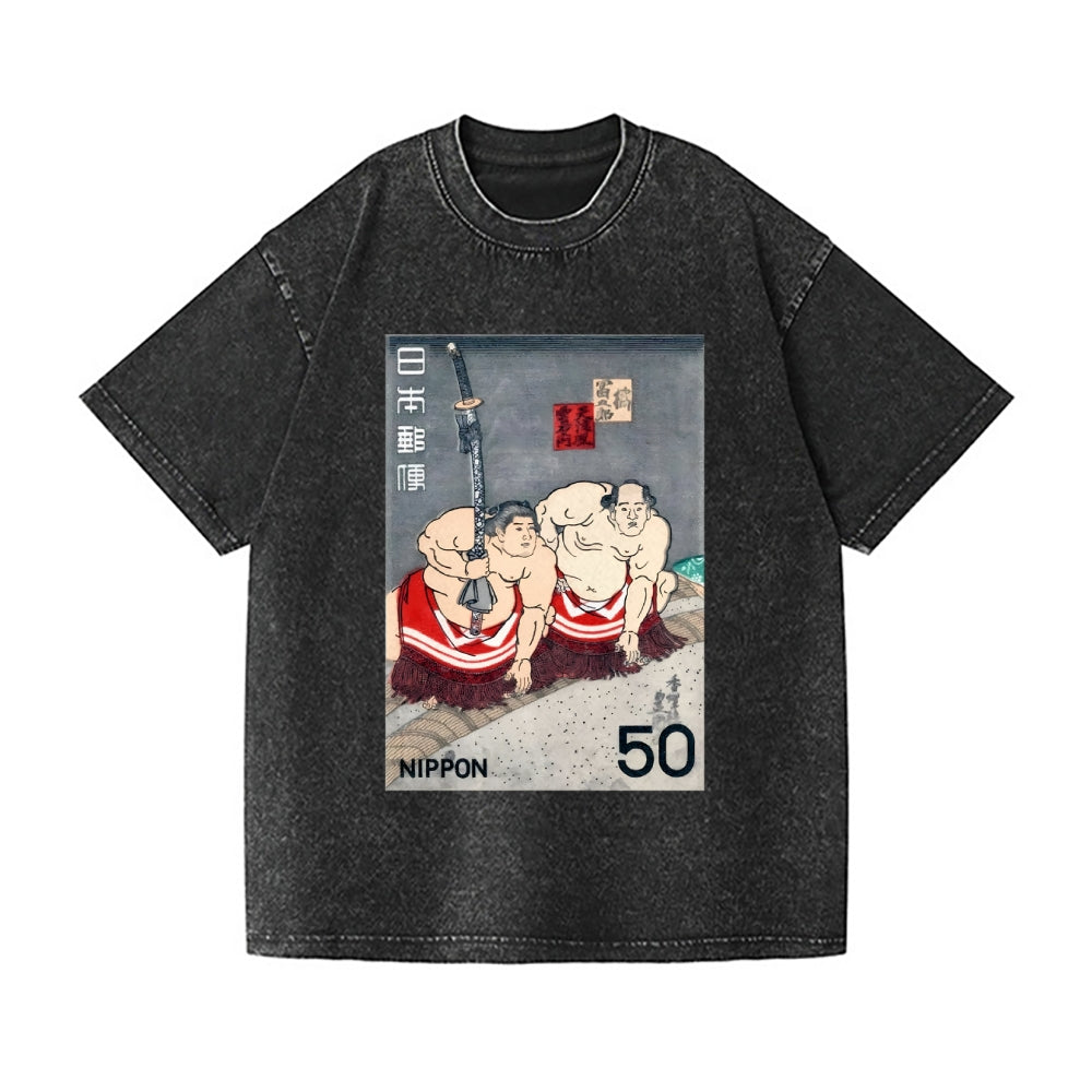 1978 JAPAN Sumo Wrestlers Postage Stamp Vintage Wash Japanese Design T-Shirt