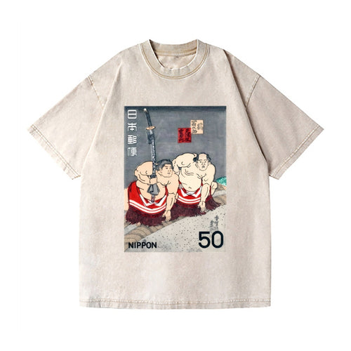 1978 JAPAN Sumo Wrestlers Postage Stamp Vintage Wash Japanese Design T-Shirt