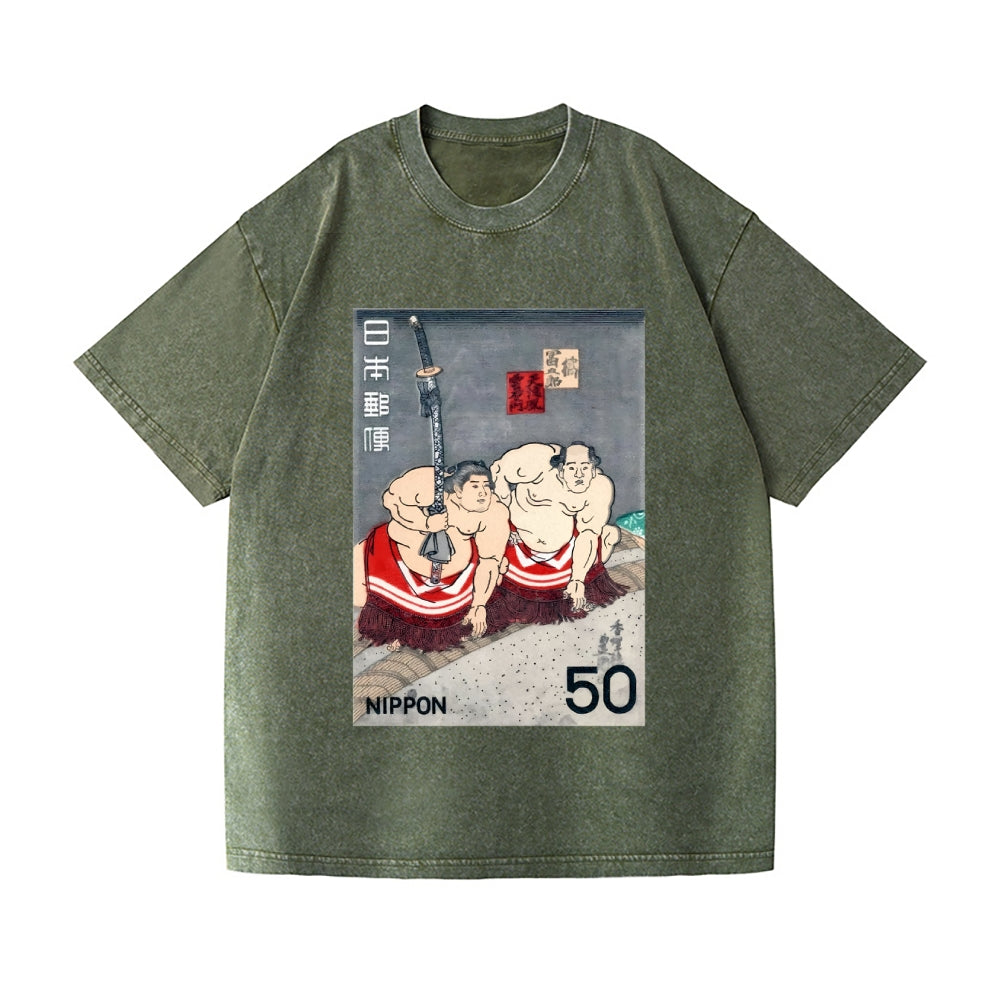 1978 JAPAN Sumo Wrestlers Postage Stamp Vintage Wash Japanese Design T-Shirt