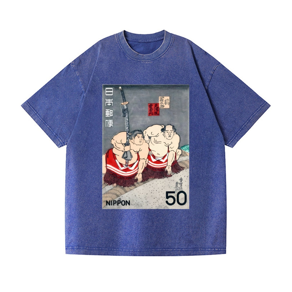 1978 JAPAN Sumo Wrestlers Postage Stamp Vintage Wash Japanese Design T-Shirt