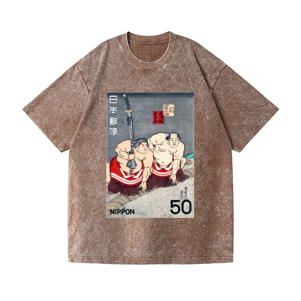 1978 JAPAN Sumo Wrestlers Postage Stamp Vintage Wash Japanese Design T-Shirt