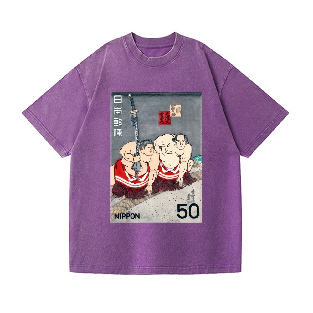 1978 JAPAN Sumo Wrestlers Postage Stamp Vintage Wash Japanese Design T-Shirt
