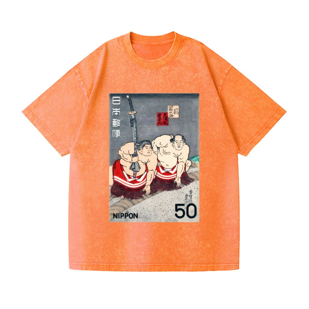 1978 JAPAN Sumo Wrestlers Postage Stamp Vintage Wash Japanese Design T-Shirt