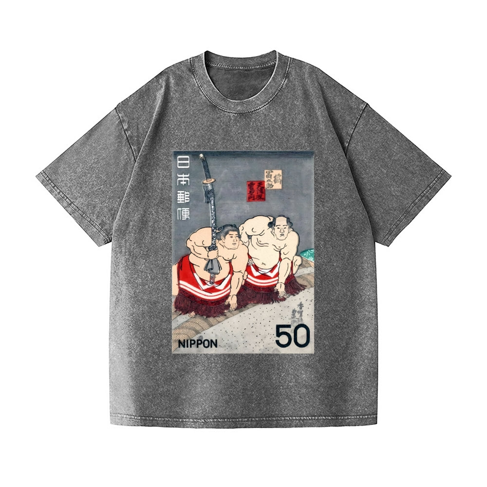 1978 JAPAN Sumo Wrestlers Postage Stamp Vintage Wash Japanese Design T-Shirt