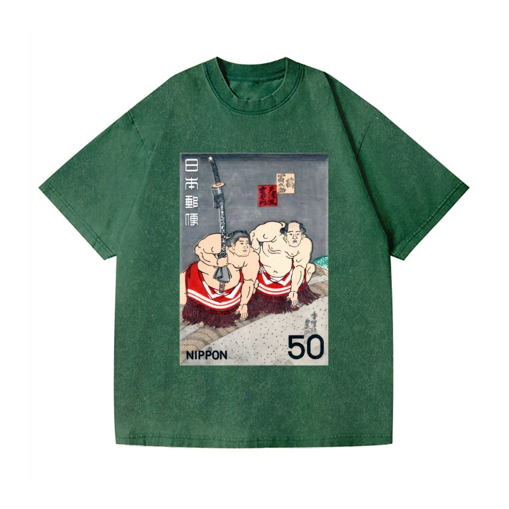 1978 JAPAN Sumo Wrestlers Postage Stamp Vintage Wash Japanese Design T-Shirt