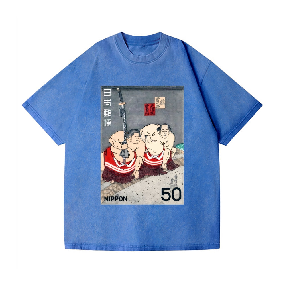 1978 JAPAN Sumo Wrestlers Postage Stamp Vintage Wash Japanese Design T-Shirt