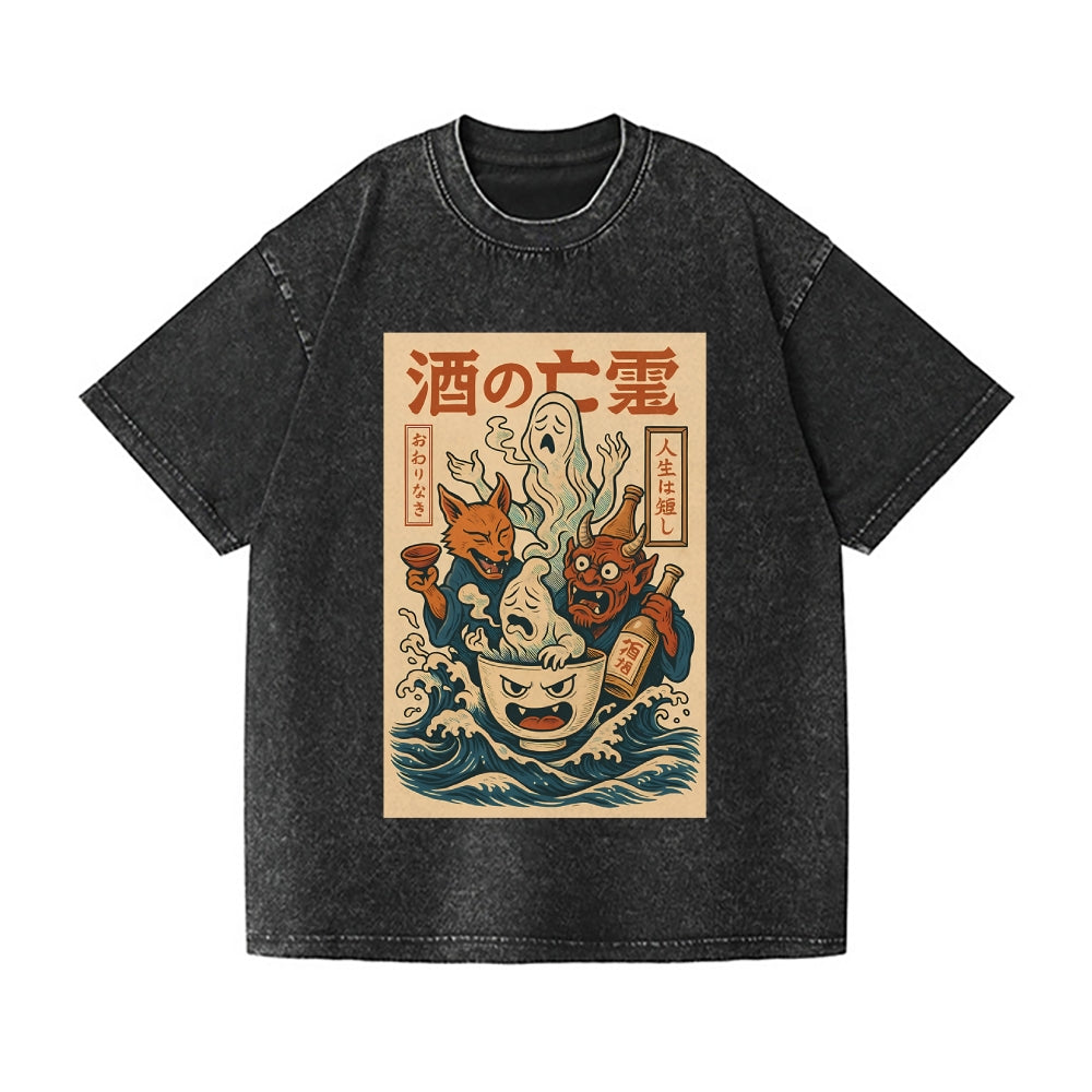 Ghosts of Sake Vintage Wash Japanese Design T-Shirt