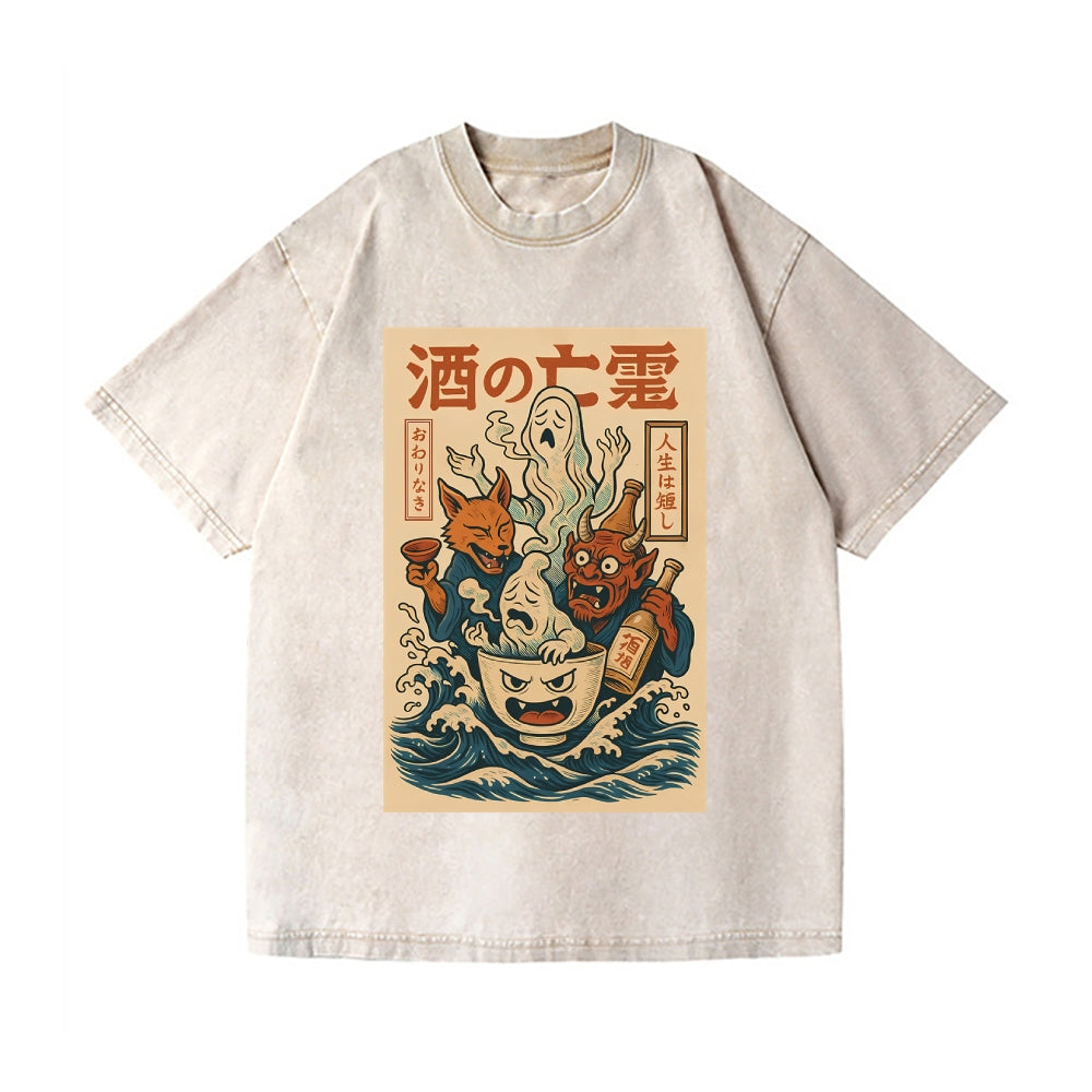 Ghosts of Sake Vintage Wash Japanese Design T-Shirt