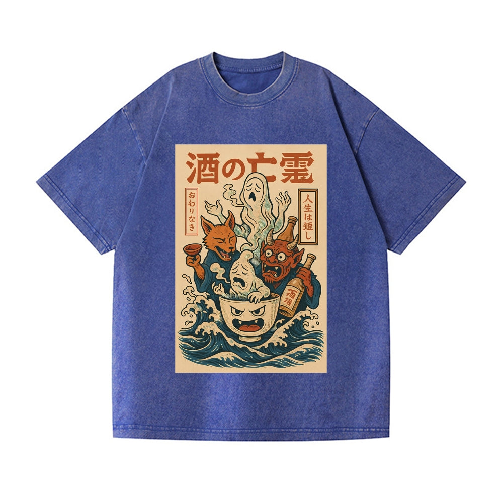 Ghosts of Sake Vintage Wash Japanese Design T-Shirt