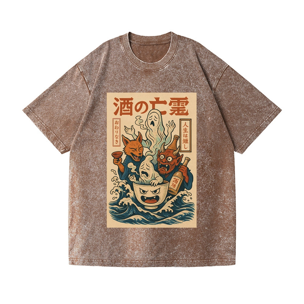 Ghosts of Sake Vintage Wash Japanese Design T-Shirt