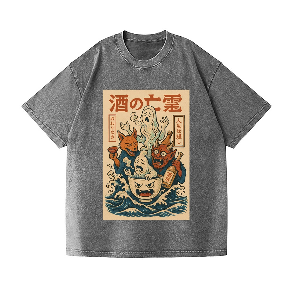 Ghosts of Sake Vintage Wash Japanese Design T-Shirt