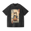 Neko Ramen Ukiyoe Cat Vintage Wash Japanese Design T-Shirt