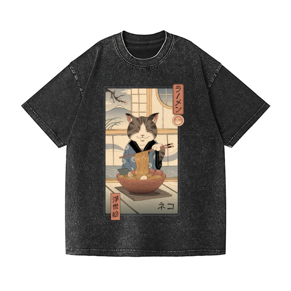 Neko Ramen Ukiyoe Cat Vintage Wash Japanese Design T-Shirt