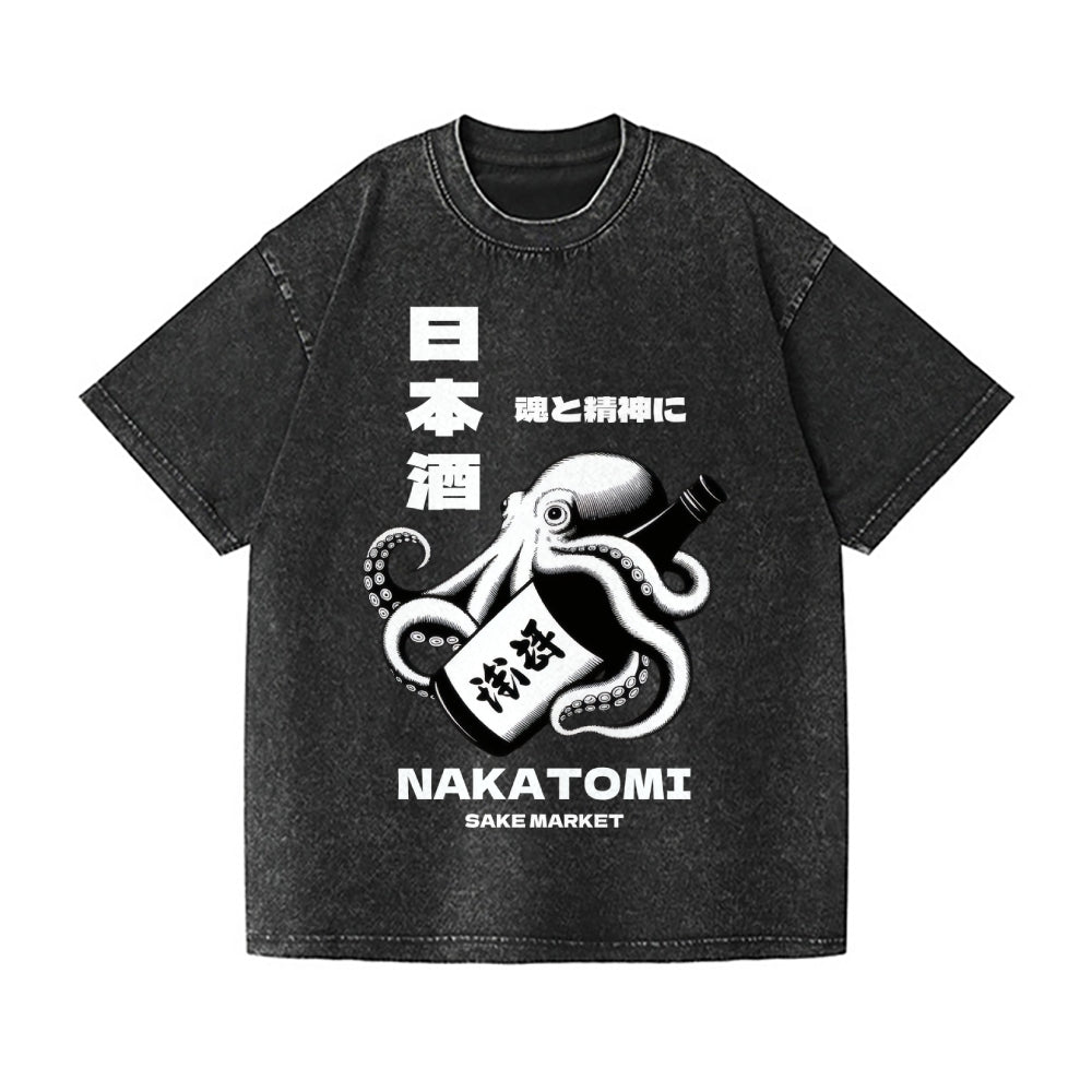 Sake Octopus Vintage Wash Japanese Design T-Shirt