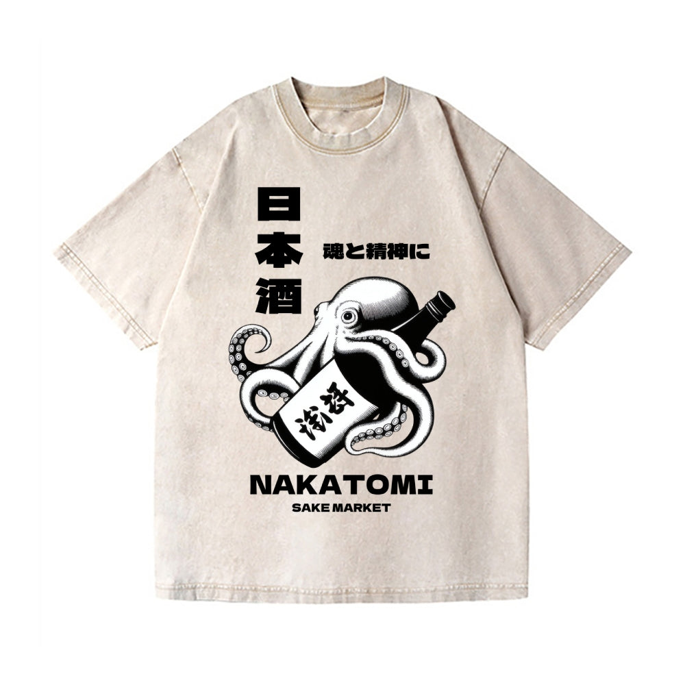 Sake Octopus Vintage Wash Japanese Design T-Shirt