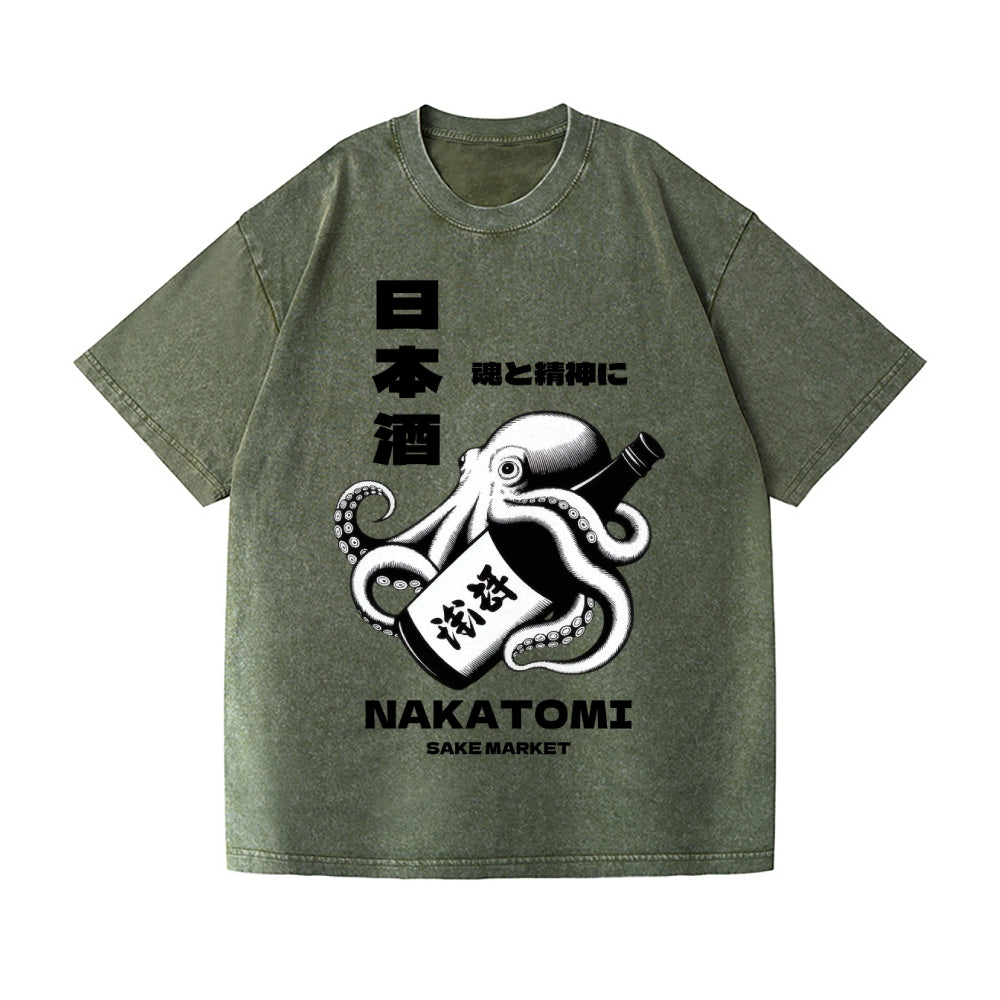 Sake Octopus Vintage Wash Japanese Design T-Shirt