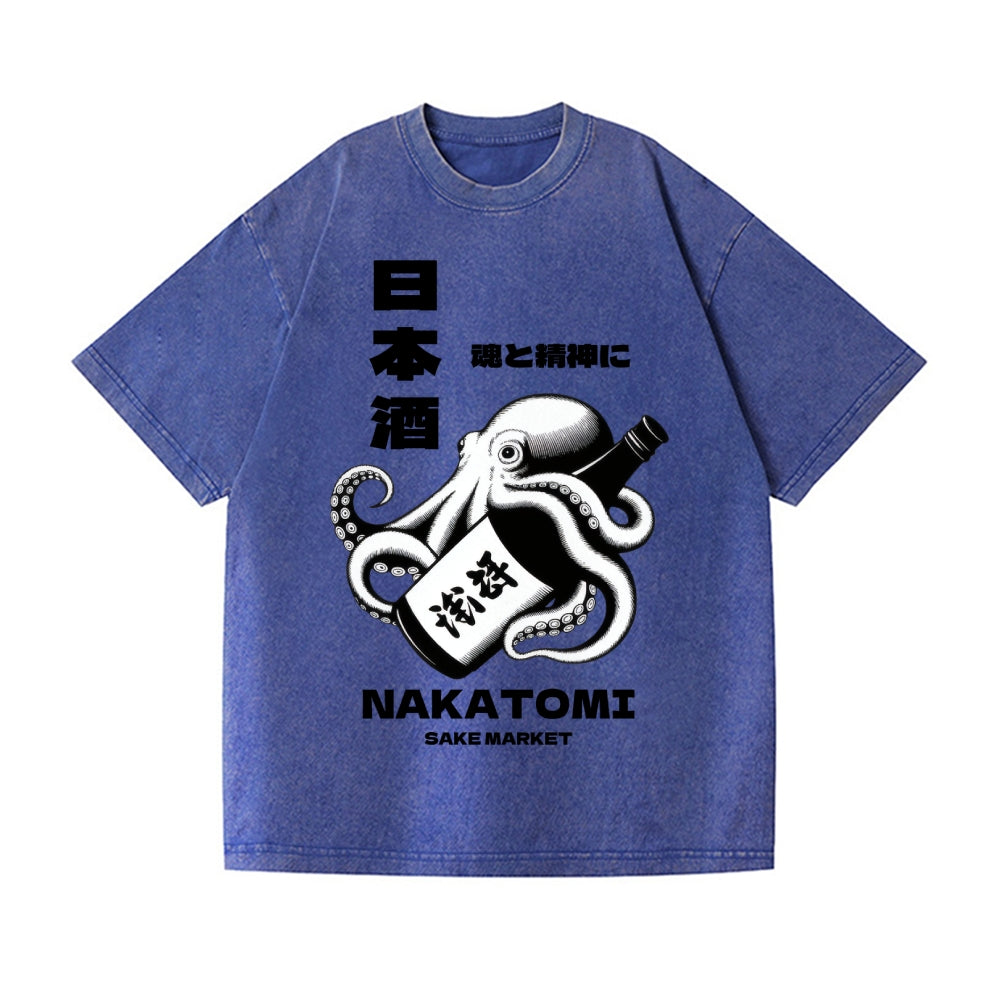 Sake Octopus Vintage Wash Japanese Design T-Shirt