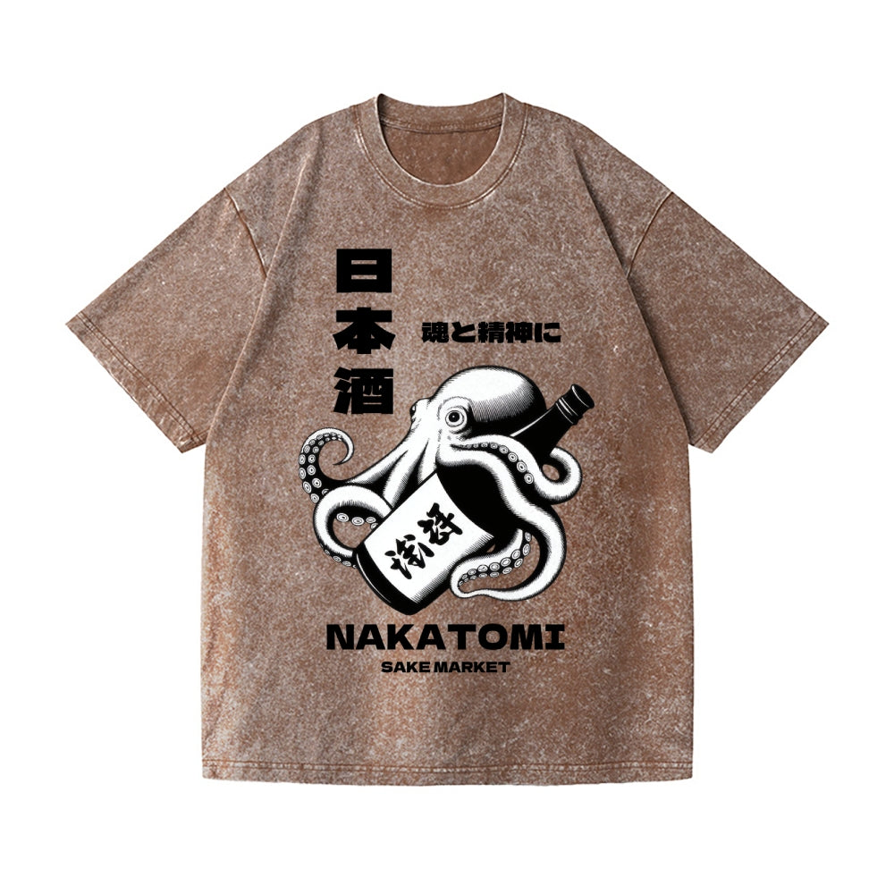Sake Octopus Vintage Wash Japanese Design T-Shirt