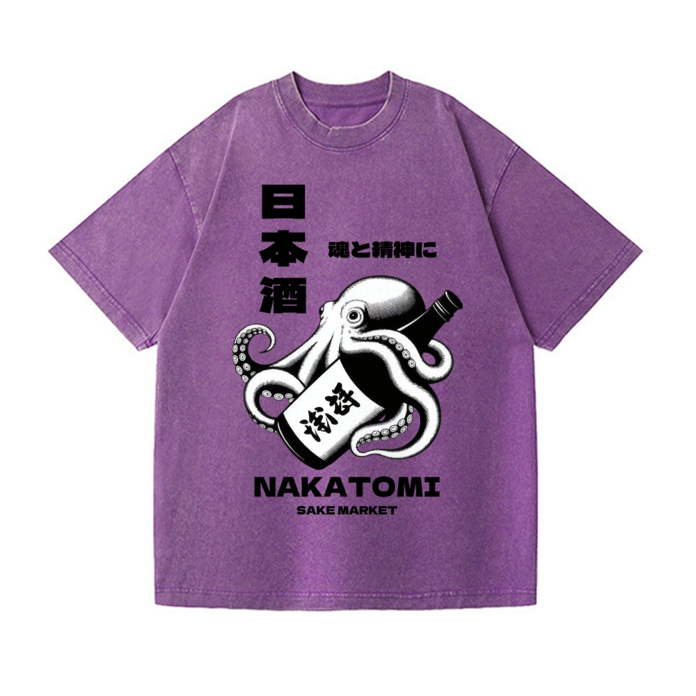 Sake Octopus Vintage Wash Japanese Design T-Shirt
