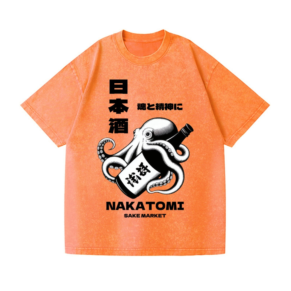 Sake Octopus Vintage Wash Japanese Design T-Shirt