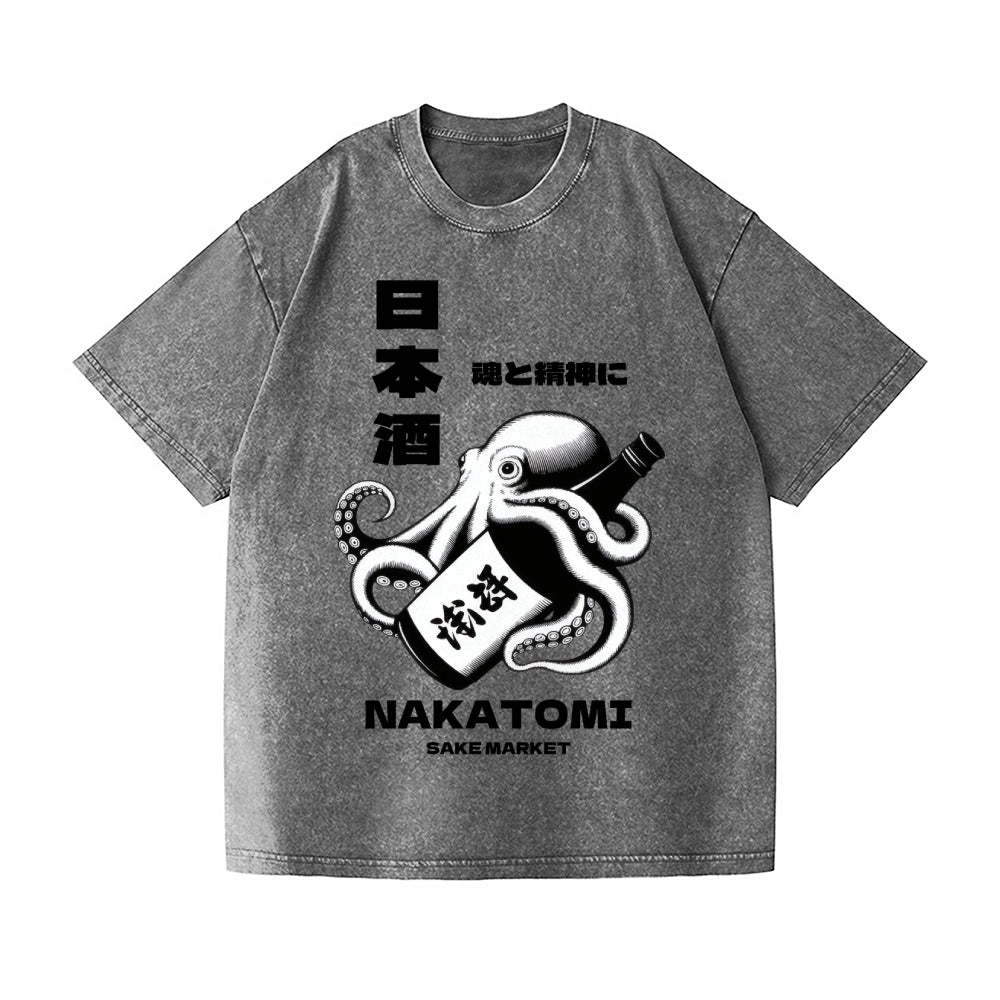 Sake Octopus Vintage Wash Japanese Design T-Shirt