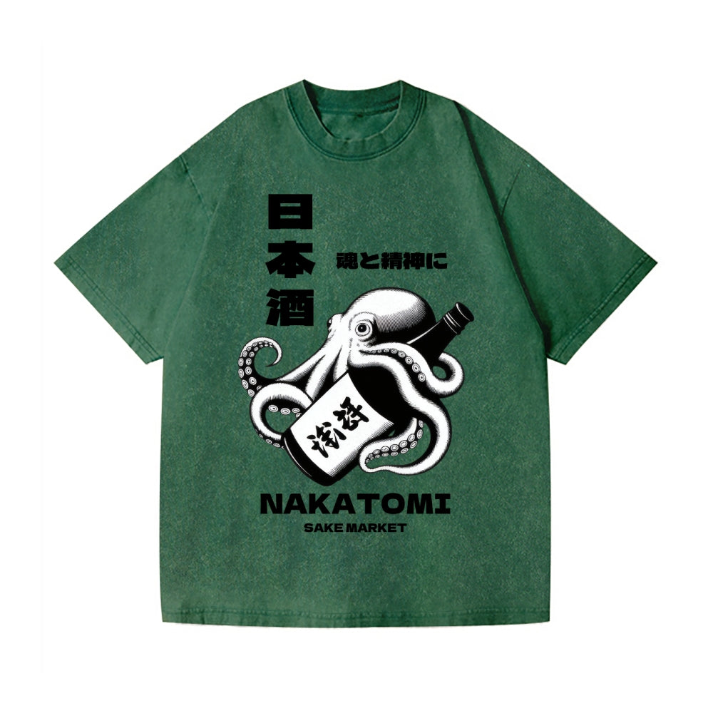Sake Octopus Vintage Wash Japanese Design T-Shirt