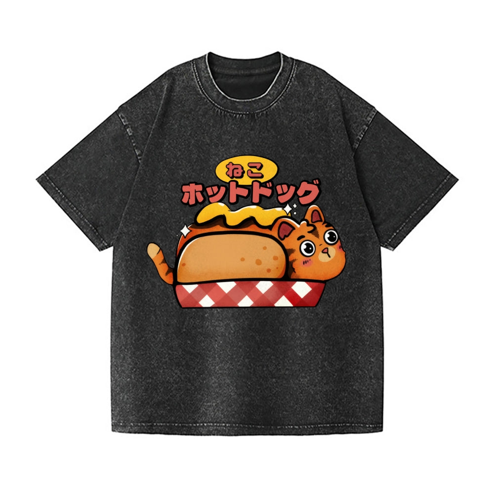 Hotdog Cat Vintage Wash Japanese Design T-Shirt