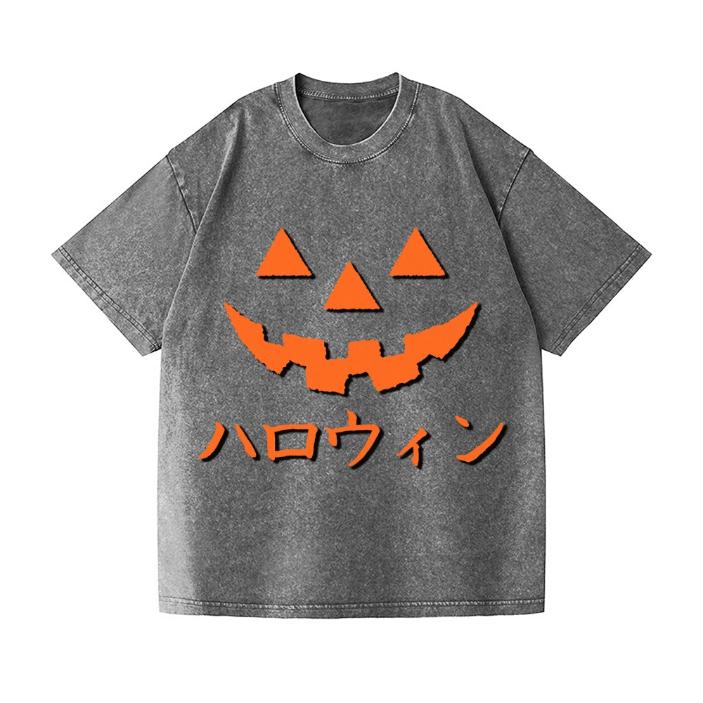 Halloween Jack O' Lantern Pumpkin Face Vintage Wash Japanese Design T-Shirt
