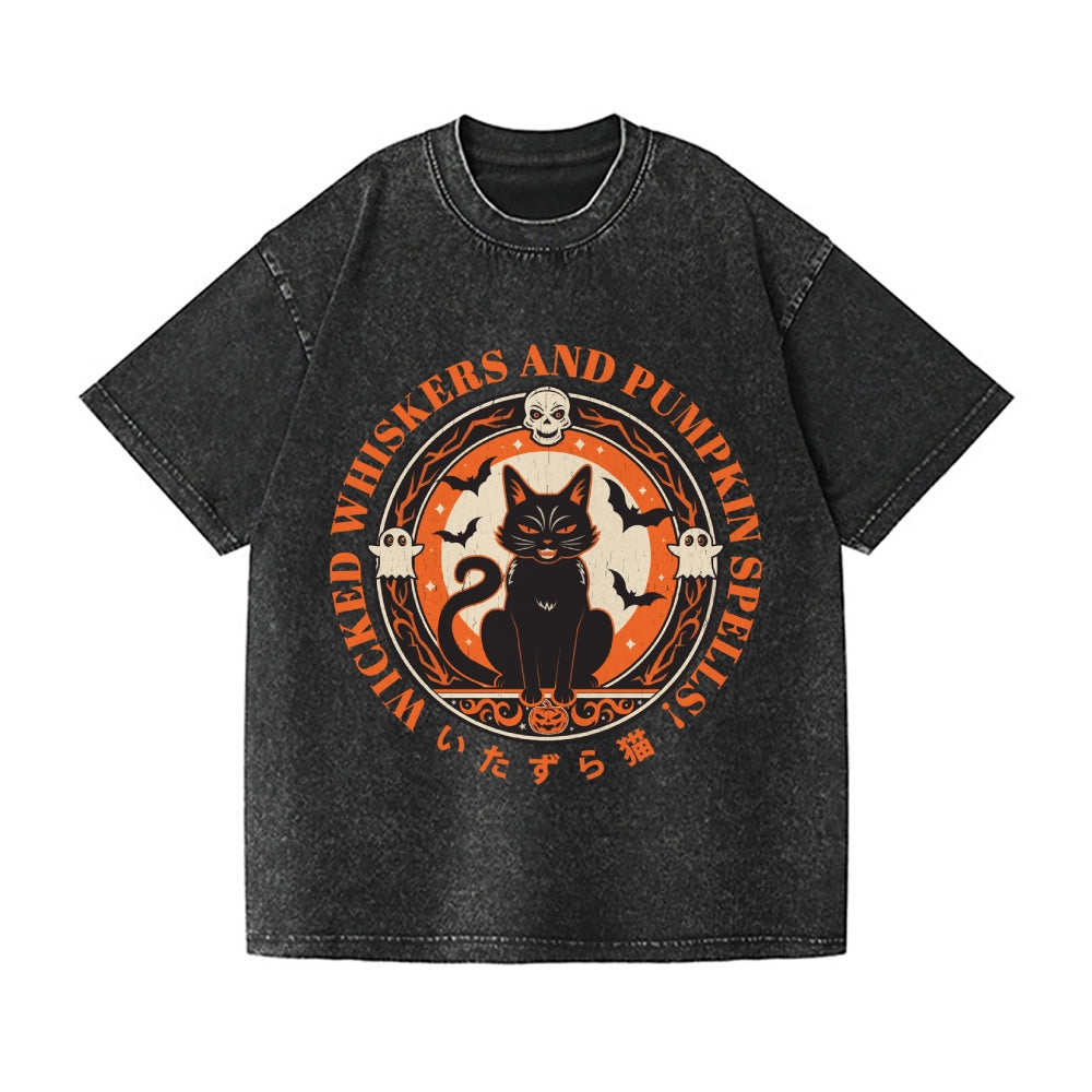Halloween Black Cat Vintage Wash Japanese Design T-Shirt