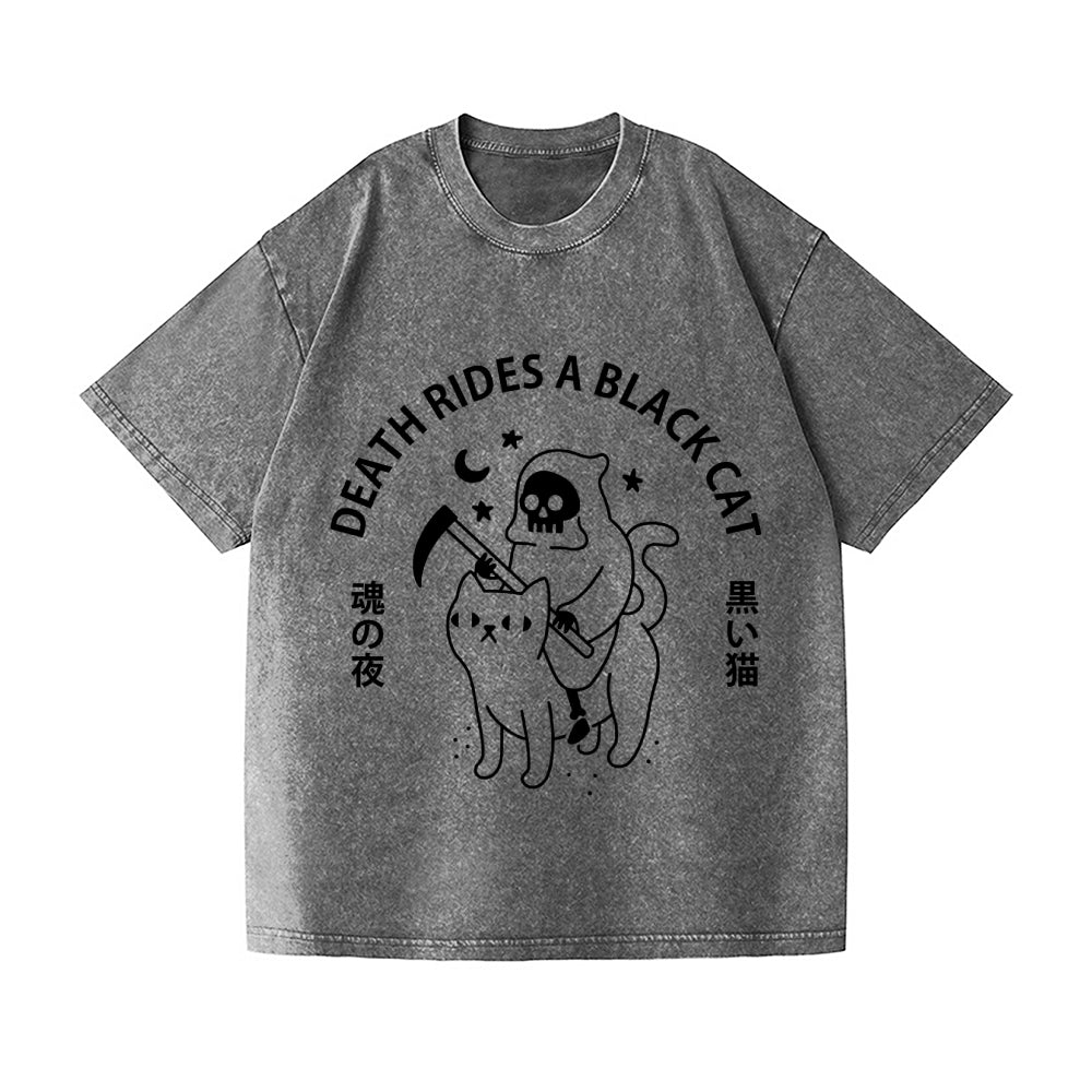 Death Rides A Black Cat Vintage Wash Japanese Design T-Shirt