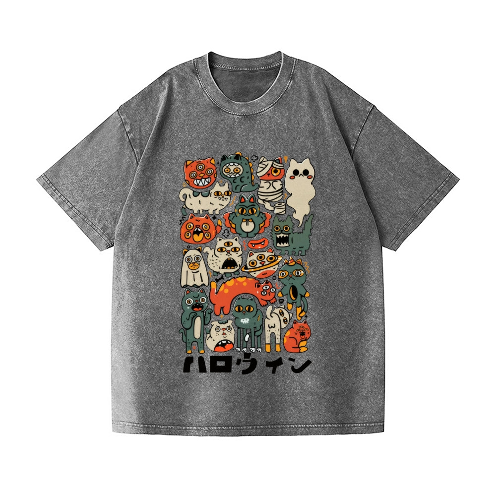 Halloween Cat Vintage Wash Japanese Design T-Shirt