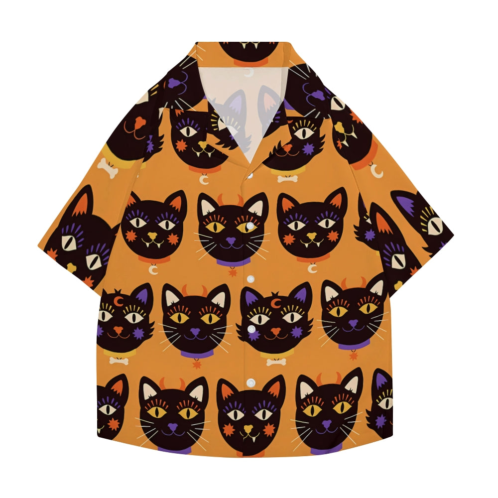 Halloween Cat Japanese Style Camp Shirt