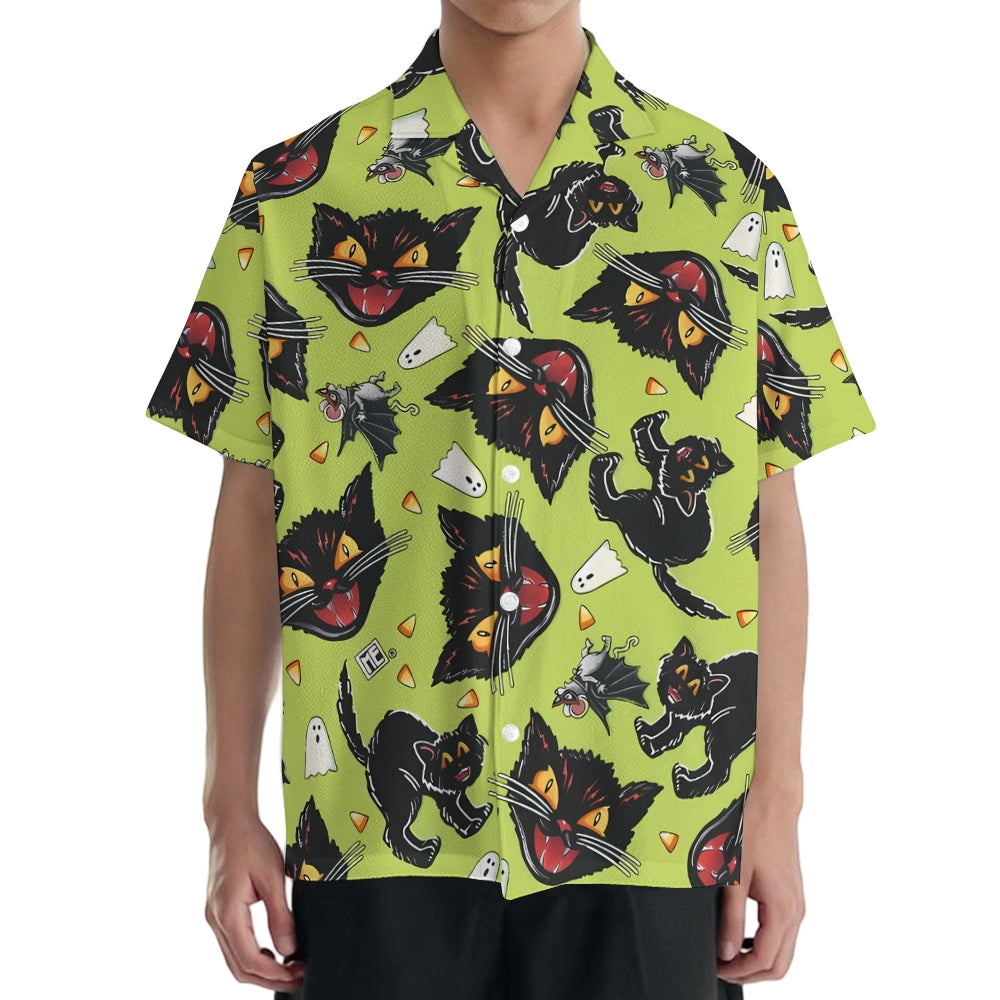 Halloween Cat Japanese Style Camp Shirt