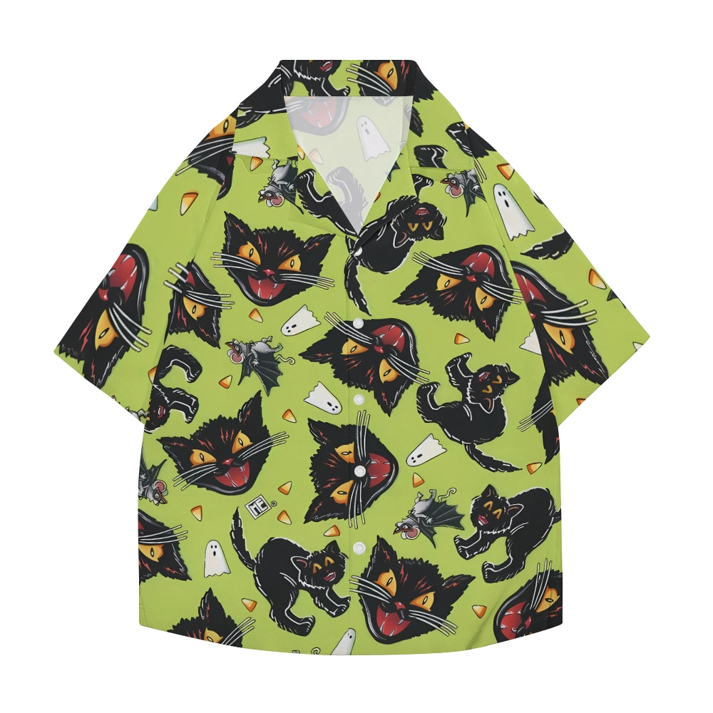Halloween Cat Japanese Style Camp Shirt