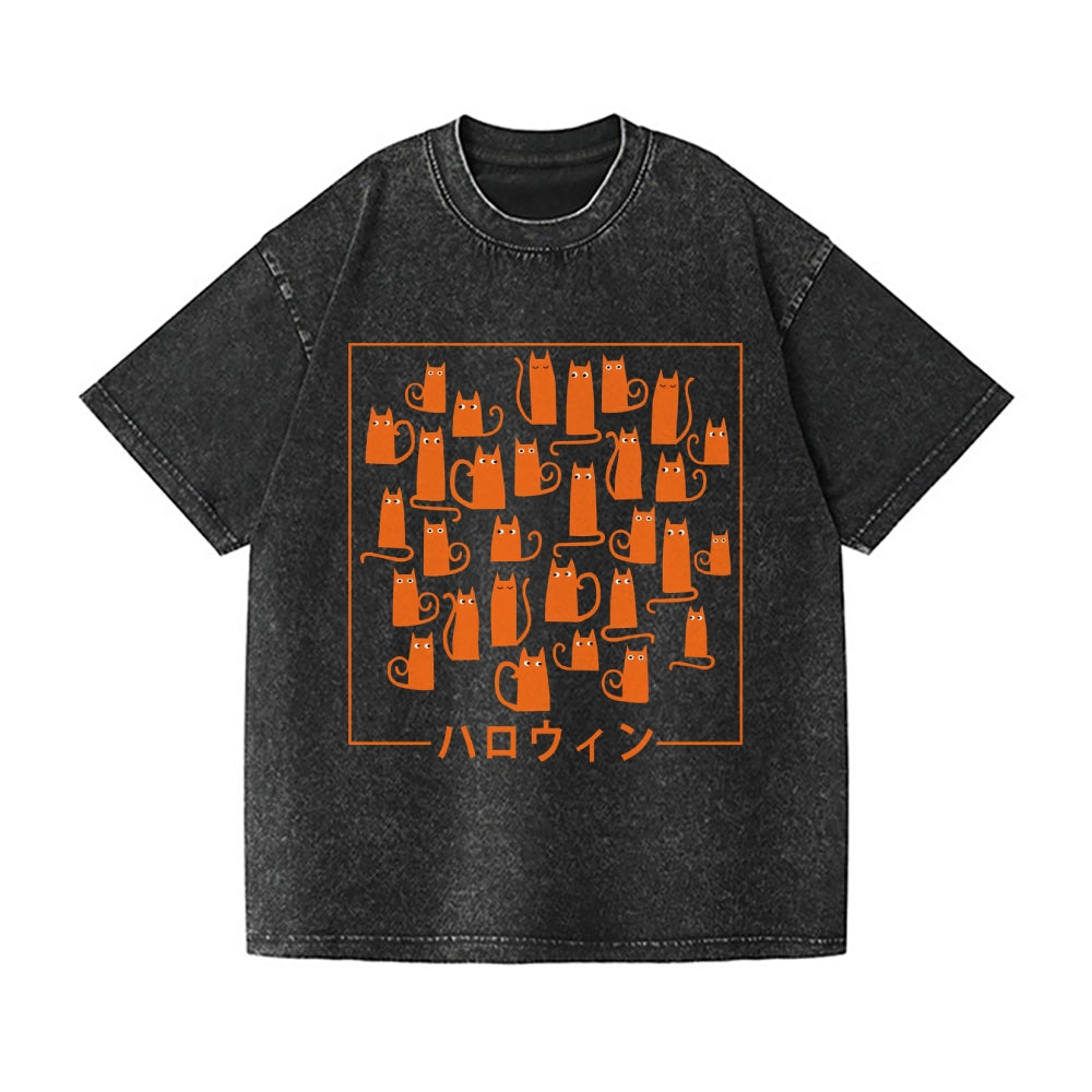 Halloween Cat Vintage Wash Japanese Design T-Shirt