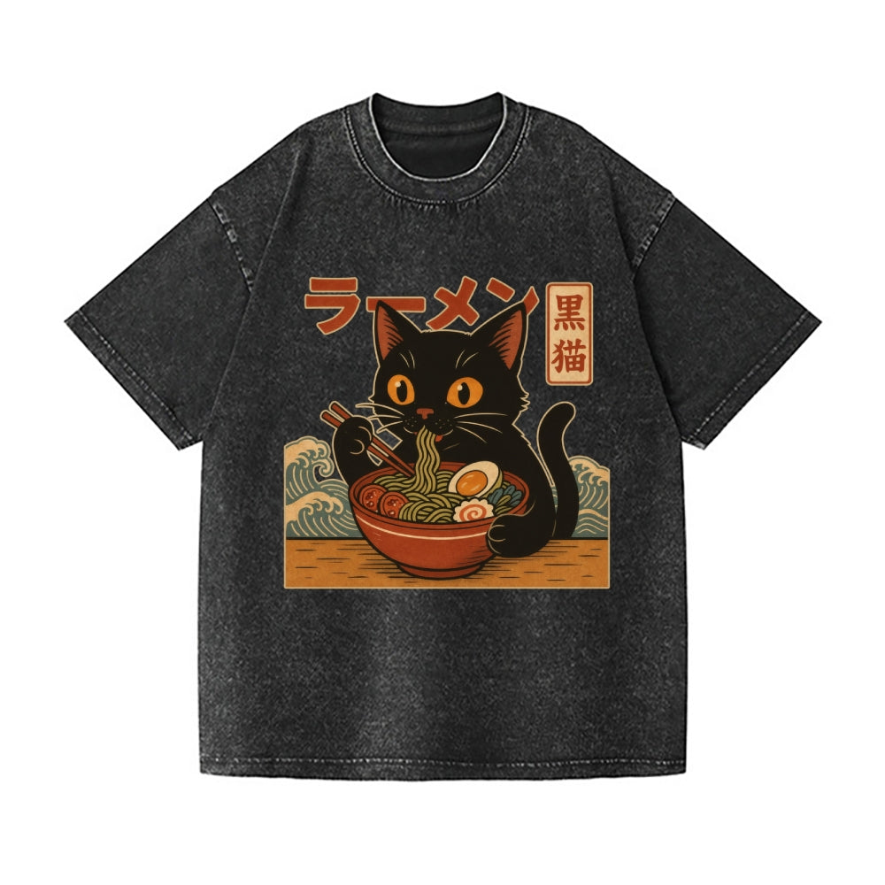 Ramen Black Cat Vintage Wash Japanese Design T-Shirt