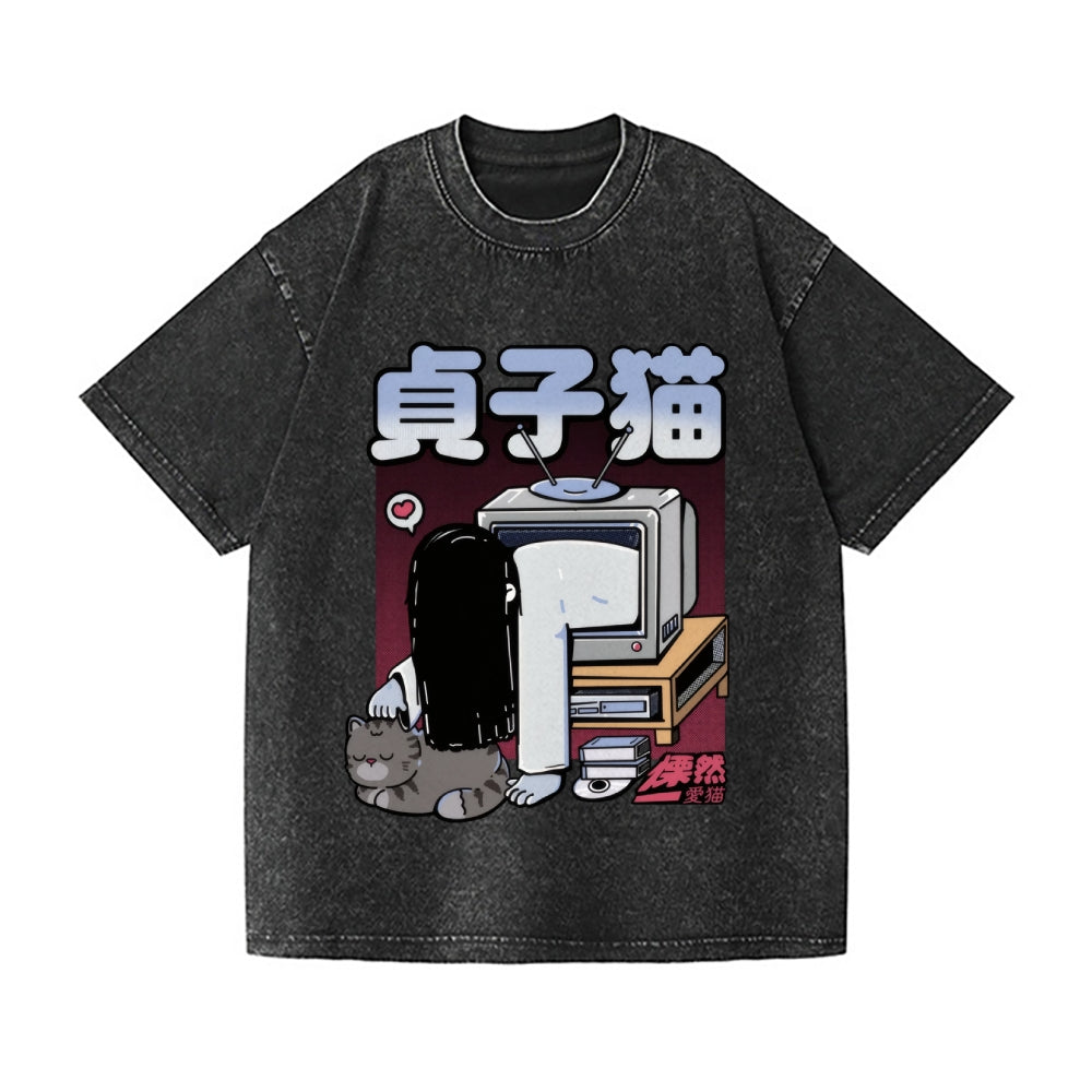 Sadako Cat Vintage Wash Japanese Design T-Shirt
