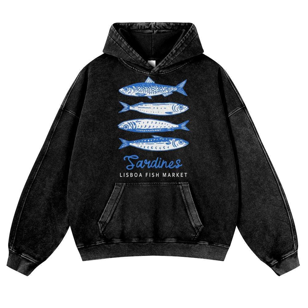 Sardine Fish Vintage Washed Thick Cotton Hoodie