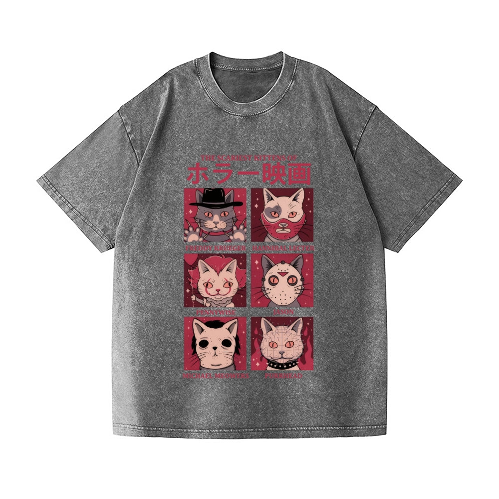 Horror Movie Cat Vintage Wash Japanese Design T-Shirt