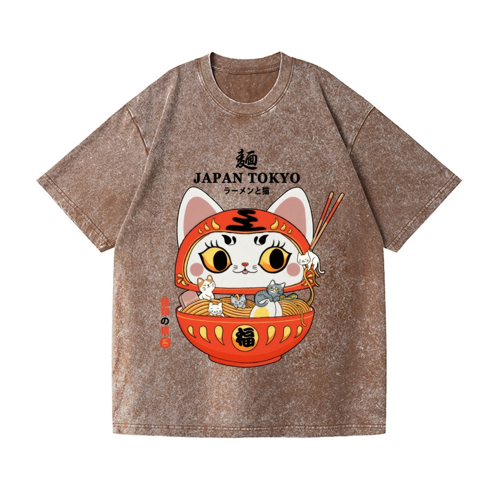 Daruma Ramen and Cat Vintage Wash Japanese Design T-Shirt