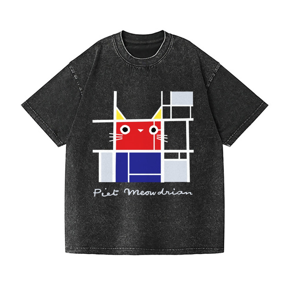 Mondrian Style Cat Vintage Wash Japanese Design T-Shirt