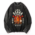 Dotonbori Osaka Japan Drunken Octopus Vintage Cotton Wash Crewneck Long-Sleeve T-Shirt