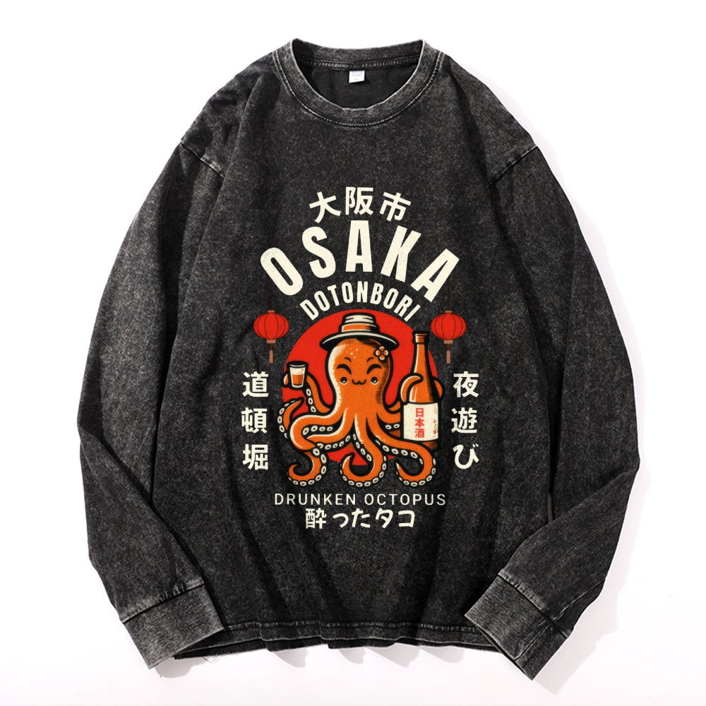 Dotonbori Osaka Japan Drunken Octopus Vintage Cotton Wash Crewneck Long-Sleeve T-Shirt