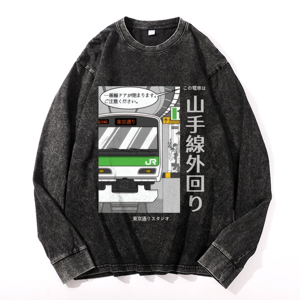 Yamanote Line Vintage Cotton Wash Crewneck Long-Sleeve T-Shirt