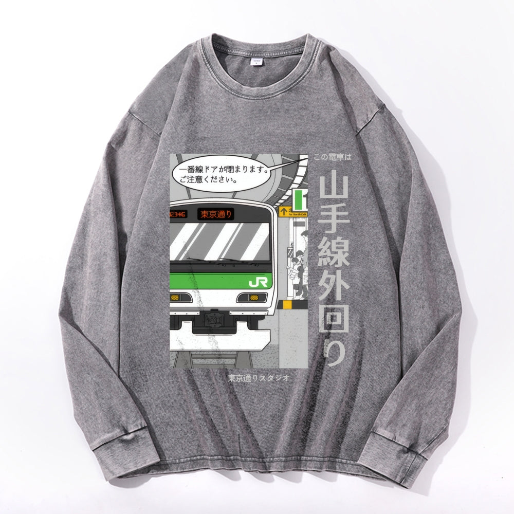 Yamanote Line Vintage Cotton Wash Crewneck Long-Sleeve T-Shirt